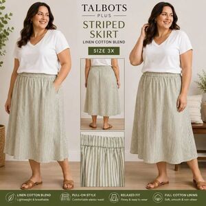 Talbots Plus Women’s 3X Green White Stripe Linen Cotton Midi Skirt Pull On